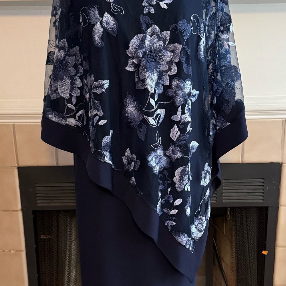 R&M Richard’s Woman Blue Midi Dress with Embroidered Floral Shawl